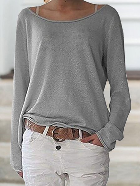 

Vintage Solid Long Sleeves Basic Shirts & Tops, Gray, Tops