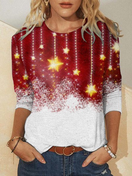 

Star gradient print round neck long sleeve shirt, As picture, Long sleeves