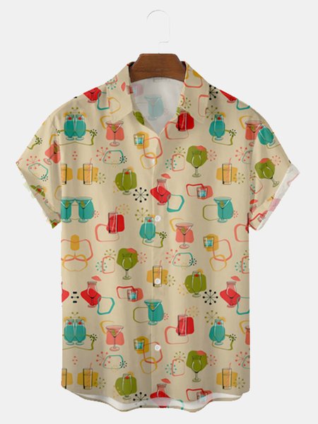 

Vacation Geometric Short Sleeve Shirts, Khaki, Men's Floral shirt