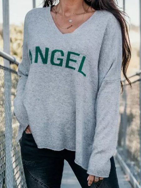 

V Neck Letter Loosen Sweater（accessory not included）, Gray, Sweaters