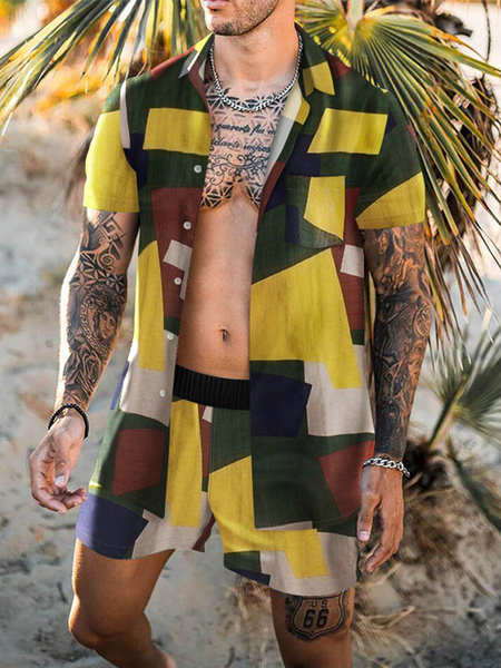 

Colorblock Short Sleeve Suits, As picture, Men's sets