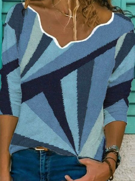 

Cotton Blends V Neck Color Block Shirts & Tops, Blue, Long sleeve tops