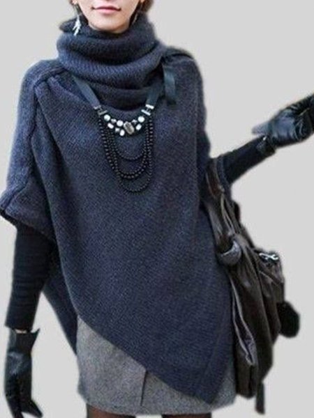 

High Neck Plain Casual Sweater, Deep blue, Pullovers