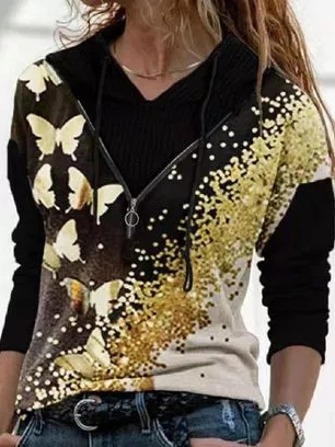 

Casual Butterfly V Neck Shirts & Tops, Black, Long sleeve tops