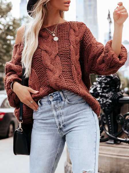 

Off Shoulder Crew Neck Yarn/Wool Yarn Sweater, Rust, Sweaters