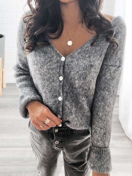

Solid Loosen V Neck Buttoned Sweater, Gray, Sweaters