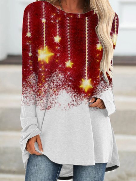 

Star Gradient Print Round Neck Long Sleeve Mini Dress, As picture, Long sleeves