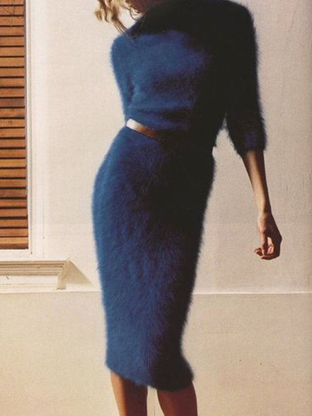 

Daily Long Sleeve Skinny Solid Suit, Lake blue, Two-piece Set