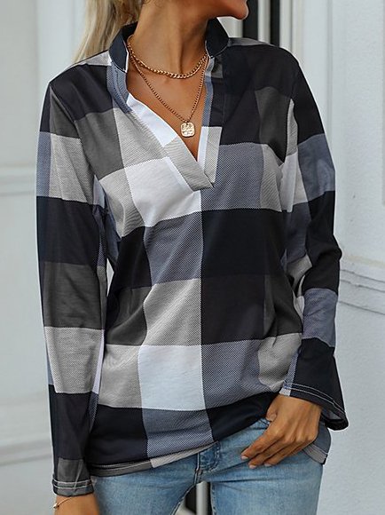 

Loosen Grid Printed Casual Long Sleeve Shirts & Tops, Black-white, Tees & T-shirts