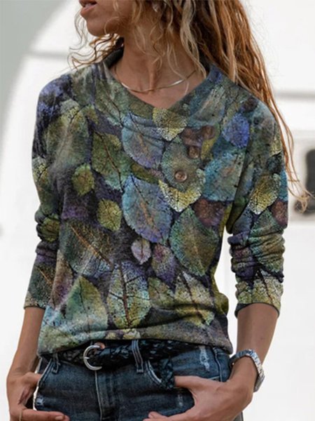 

Casuale Maniche Lunghe Scollo a V Stampato Superiore, Multicolore, Blouses & Shirts
