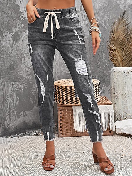 

Denim Vintage Plain Pants, Black-grey, Pants