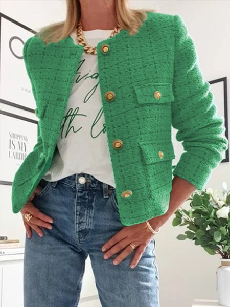 

Checked/Plaid Crew Neck Buttoned Jacket, Green, Blazers