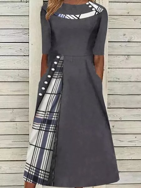 

Color Block Crew Neck Loosen Elegant Dresses, Deep gray, Casual Dresses