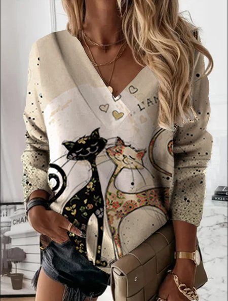 

Animal V Neck Vacation Shirts & Tops, As picture, T-Shirts