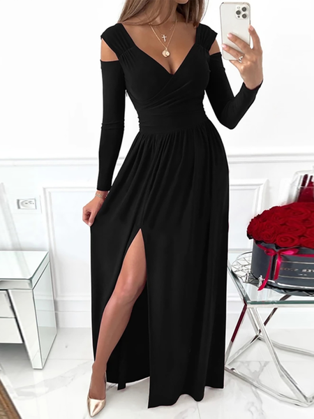

Sexy Tinte unite Abito lungo per damen insieme a Manica lunga, Nero, Maxi Dresses