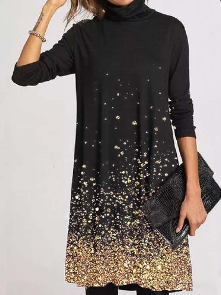 

High Neck Cotton Blends Dresses, Black, Mini Dresses