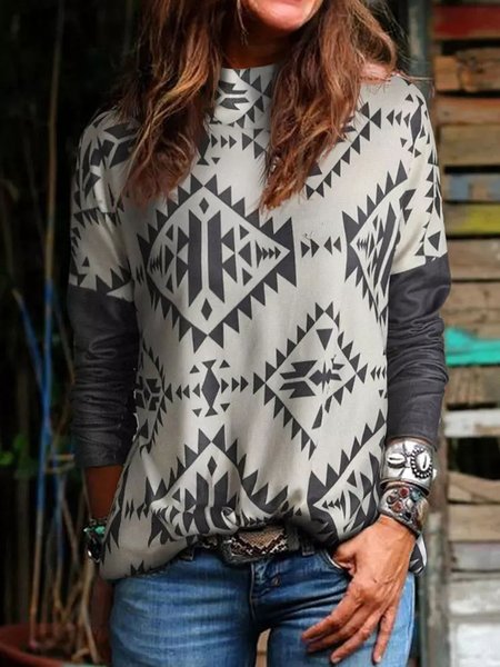 

High Neck Casual Shirts & Tops, Gray, Long sleeve tops