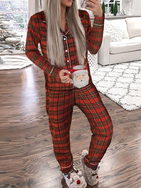

Christmas Cotton Grid Casual Suits, Red, Suit Set