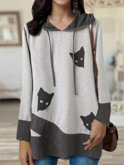 

Cat Printed Basics Long Sleeve Hooded Sweatshirt, Gray, Sweatshirts & Hoodies