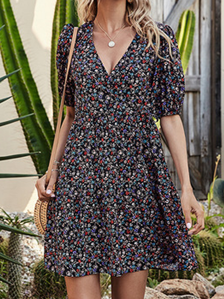 

Casual Household Daily Vintage Loosen Boho Floral Dresses, Black, Floral Dresses