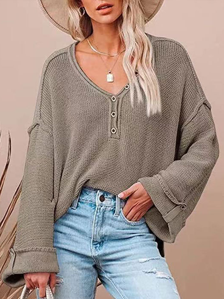 

V Neck Vintage Plain Yarn/Wool Yarn Sweater, Coffee, Sweaters