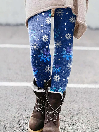 

Christmas Snowflake Skinny Cotton Blends Pants, Blue, Pants