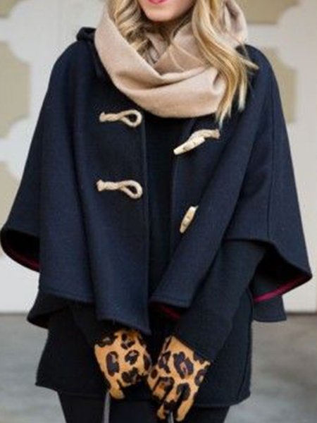 

Hooded Loosen Daily Solid Outerwear, Black, Coats