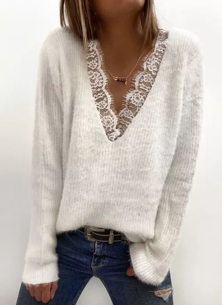 

Cotton Blends V Neck Casual Sweater, White, Sweaters & Cardigans