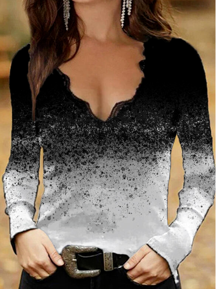 

Ombre Pattern Cotton Blends Casual Lace V Neck Shirts & Tops, Black-white, Long sleeve tops