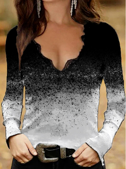 

Ombre Pattern Cotton Blends Casual Lace V Neck Shirts & Tops, Black-white, Tees & T-shirts