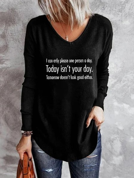 

Loosen V Neck Letter Shirts & Tops, Black, T-Shirts