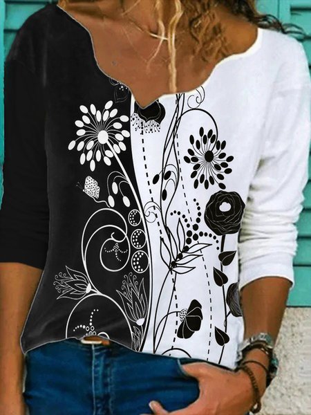 

Color Block Floral Printed V Neck Casual Hippie Long Sleeve Shirts & Tops, Black-white, Tops
