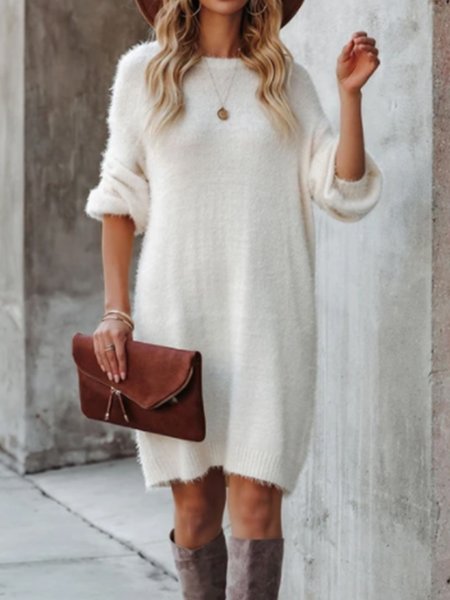 

Simple Casual Loosen Long Sleeve Sweater Dress, As picture, Midi Dresses