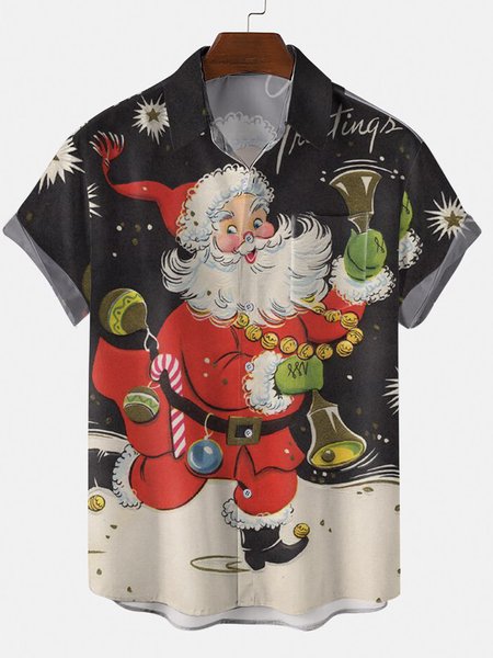 

Santa Graphic Short Sleeve Casual Shirt, Black, Shirt