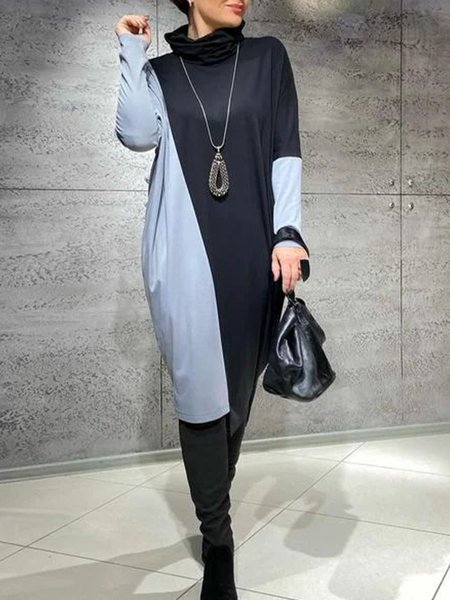 

Loosen Plain High Neck Midi Dress, As picture, Midi Dresses