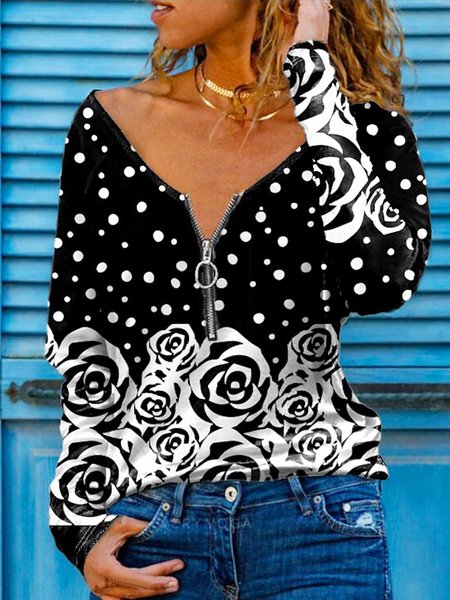 

Casual Long Sleeve V Neck Printed Top, Black, Tops