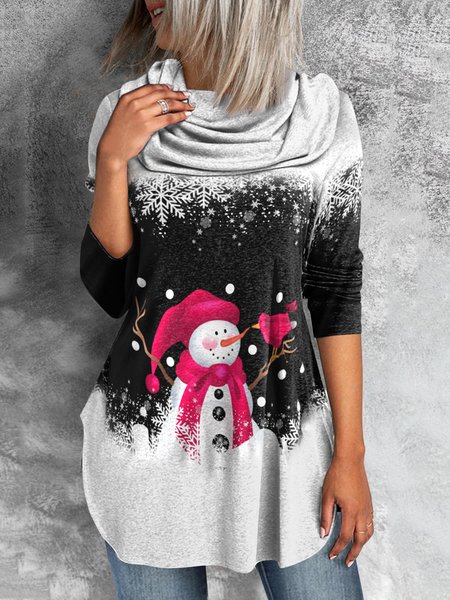 

Loosen Cowl Neck Christmas Snowman Shirts & Tops, Black, Long sleeve tops