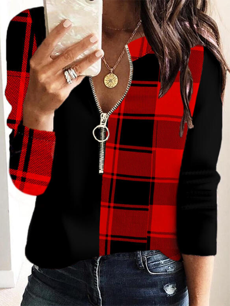 

Checked/Plaid Color Block V Neck Casual Shirts & Tops, Red, T-Shirts