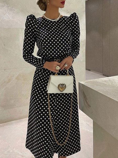 

Long Sleeve Lady Polka Dots Crew Neck Midi Dress, Black, Midi Dresses