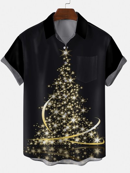 

Christmas Tree Graphic Short Sleeve Casual Shirt, Black, Shirt
