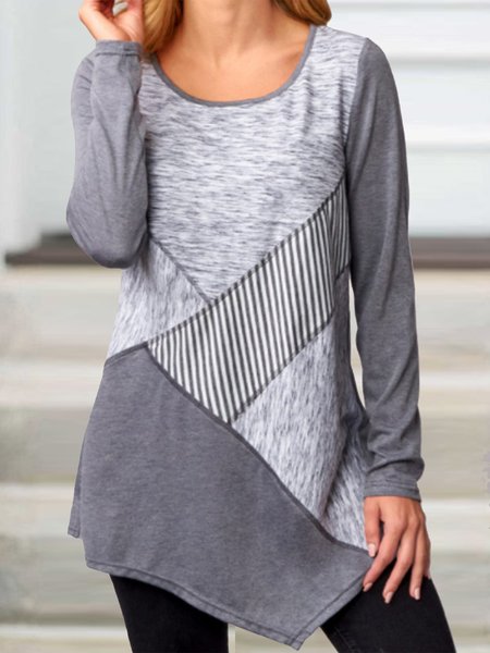 

Round Neck Contrast Stitching Casual Long-sleeved T-shirt, Gray, Long sleeve tops