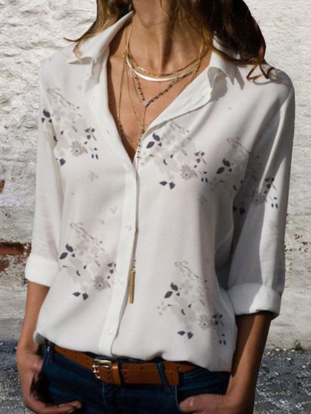 

Colletto a Camicia Floreale Allentare Top, Bianco, Blouses & Shirts