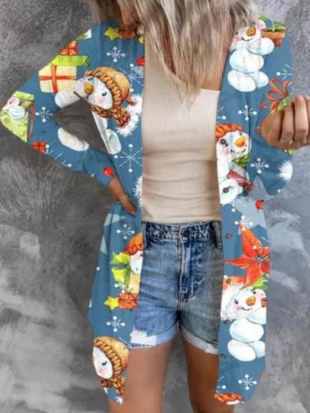 

Christmas Snowman Printed Sweet Loosen Long sleeve Outerwear, Blue, Coats