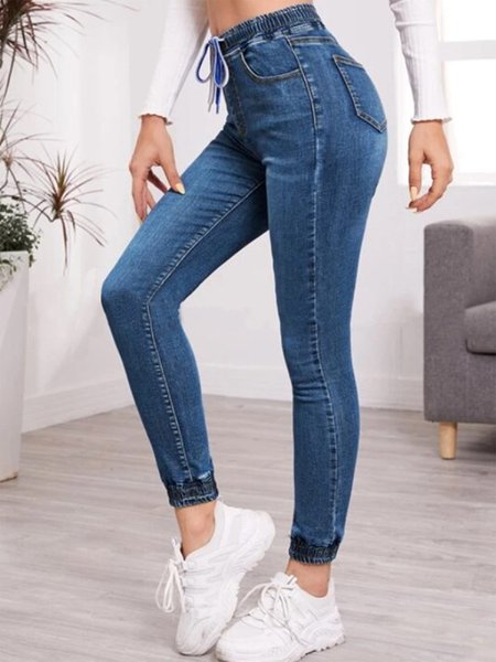 

Draw string Pockets Denim Casual Pants, Blue, Pants