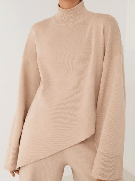 Winter Stand Collar Simple Plain Long sleeve Daily Sweater, As picture, Pullovers