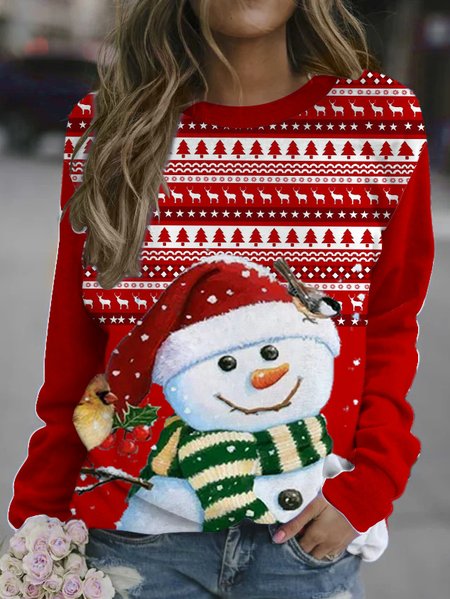 

Christmas Snowman Print Round Neck Long Sleeve Sweatshirt, Red, Hoodies&Sweatshirts