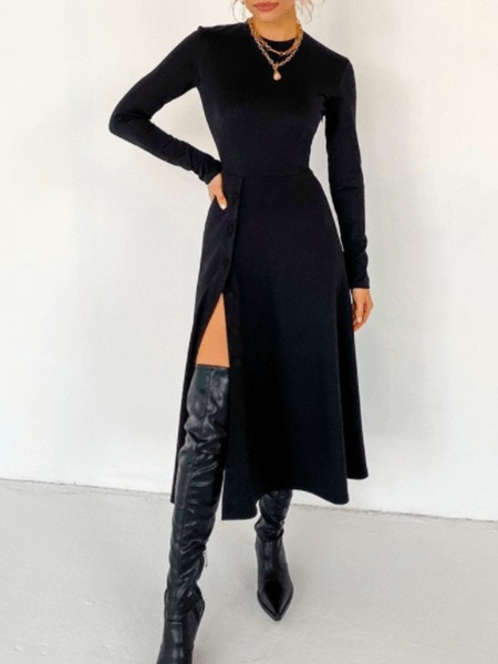 

Winter A-line Elegant Work Formal Date Crew Neck Dresses, Black, Midi Dresses