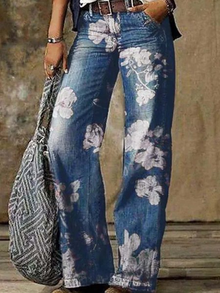 

Floral Vintage Casual Loosen Pants, Blue, Pants