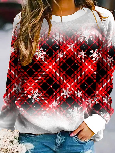 

Red Xmas Snowflakes Casual Crew Neck Regular Fit Sweatshirt, As picture, Hoodies&Sweatshirts