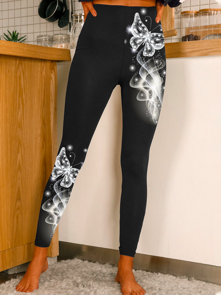 

Plus size Butterfly Printed Leggings Skinny Pants, Black, Leggings